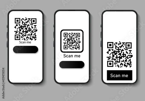 Phone screen with QR code. Scanning from a smartphone. Inscription scan me. Black square code icon. Laser reading. Identification of data when paying from a mobile. Modern technologies. Flat vector il