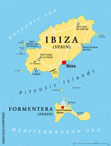 Ibiza and Formentera Island, Spain, political map. Pityusic Islands commonly known as Pine Islands, part of the Balearic Islands, an archipelago of Spain in the Mediterranean Sea. Illustration. Vector photo
