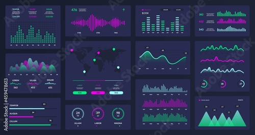 Technology chart infographic. Admin data app, interactive business dashboard, HUD tech website screen. Vector diagrams
