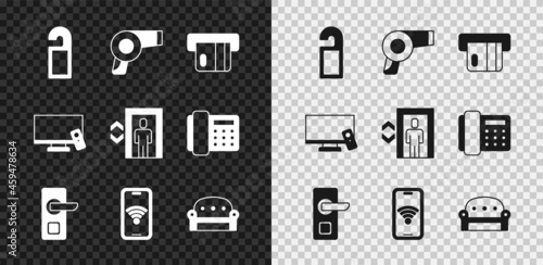 Set Please do not disturb, Hair dryer, Credit card, Digital door lock, Mobile with wi-fi wireless, Sofa, Smart Tv and Lift icon. Vector