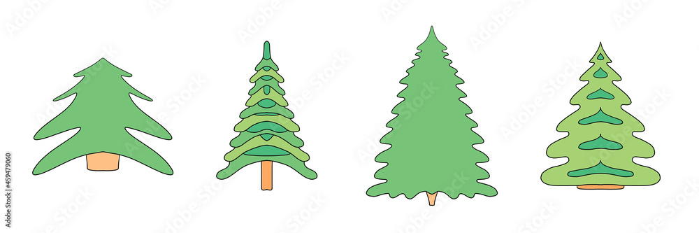 Four painted funny decorated Christmas trees on white background. Set of Happy New Year green pine and Christmas greeting card concept, minimalist style