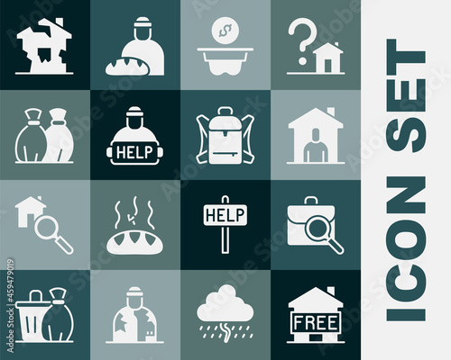 Set Shelter for homeless, Work search, Donation money, Help, Garbage bag, Ruined house and Hiking backpack icon. Vector
