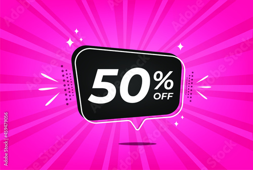 50 percent discount. Pink banner with floating balloon for promotions and offers.