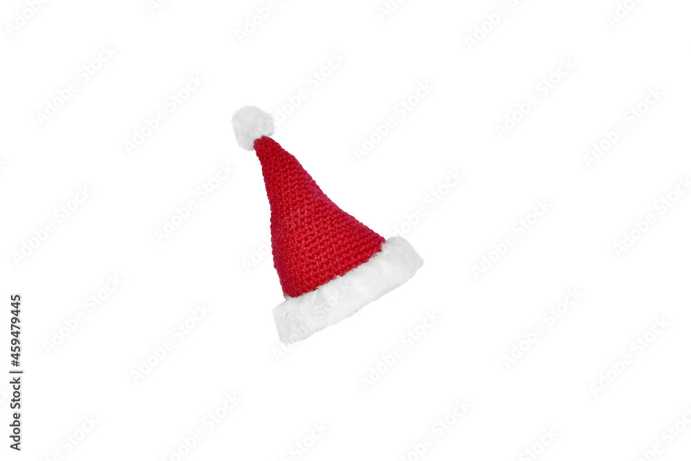 knitted red santa hat with white fur isolated on white background. Christmas and New Year's decor. Design element. Clipart knitted red santa hat with white fur isolated on white background. Christmas and New Year's decor. Design element. Clipart