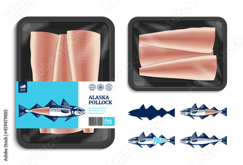 Vector Alaska pollock packaging design. Flat style seafood label. Alaska pollock fish illustrations. Black food tray mockup