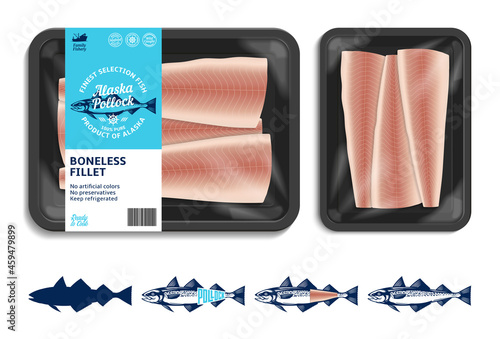 Vector Alaska pollock packaging illustration with flat style seafood label and fish fillet. Alaska pollock fish illustrations and food tray mockup