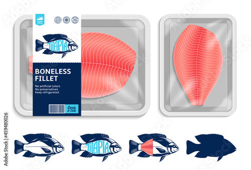 Vector tilapia packaging illustration with flat style seafood label and fish fillet. Tilapia fish illustrations and food tray mockup