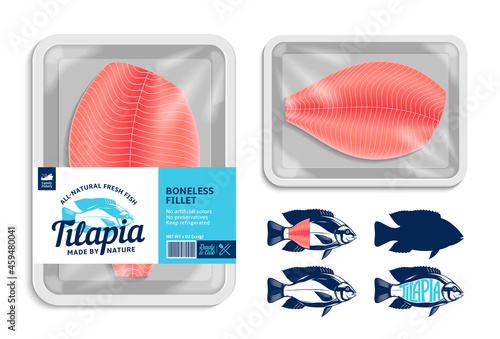 Vector tilapia packaging design. Flat style seafood label. Tilapia fish illustrations. White food tray mockup