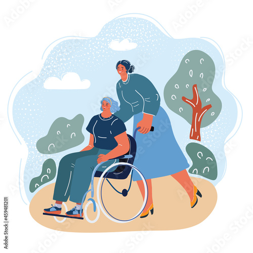 Vector illustration of Disabled woman in wheelchair and assistance in park