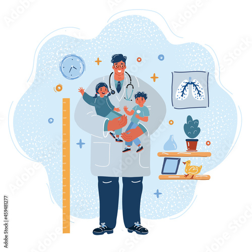 Vector illustration of a pediatrician hold little children