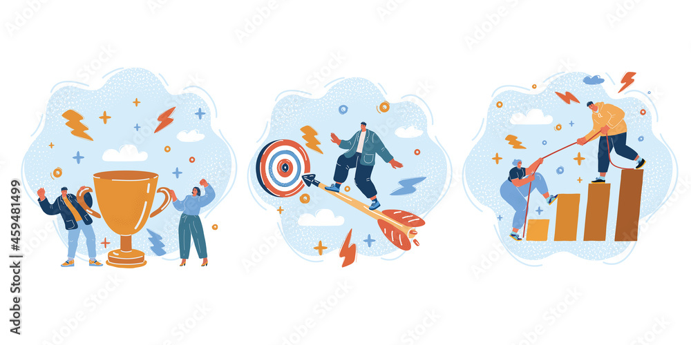 Vector illustration of group of people standing together, community, togetherness. Man fly on arrow to garget. Team with thropy gold cup, man help woman reach next level over dark backround.