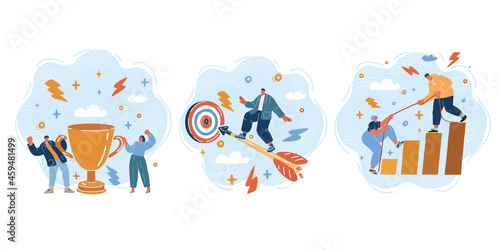 Vector illustration of group of people standing together, community, togetherness. Man fly on arrow to garget. Team with thropy gold cup, man help woman reach next level over dark backround.