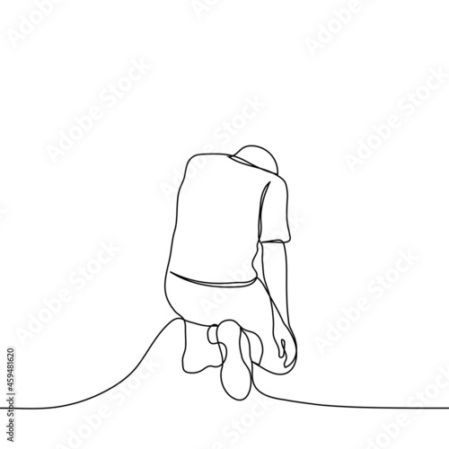 man is sobbing on one knee. man kneels with his back to the viewer,  head is down (he is crying), his right hand hangs freely - one line drawing.