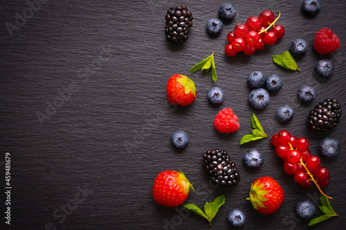 ripe berry - raspberries, red currants, blueberries, strawberries, hedgehogs and mint leaves