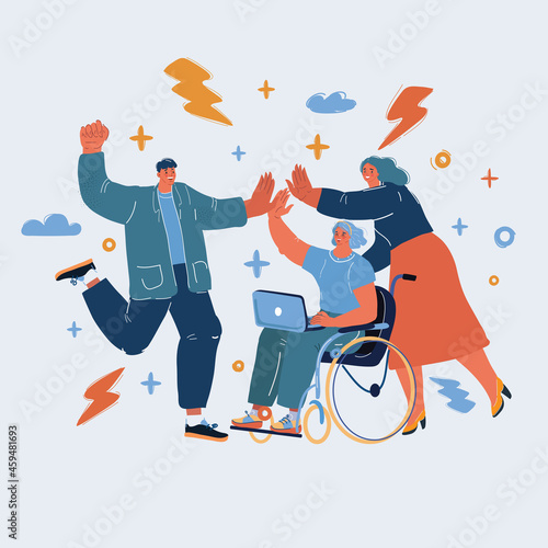 Vector illustration of Portraits of smiling disabled woman in wheelchair and team of her coworkers celebrate success.