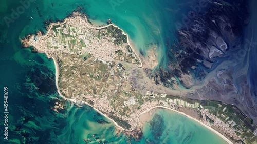 Aquaculture and oyster farming on island coastline aerial view from satellite animation, Noirmoutier, France. Based on images furnished by Nasa photo
