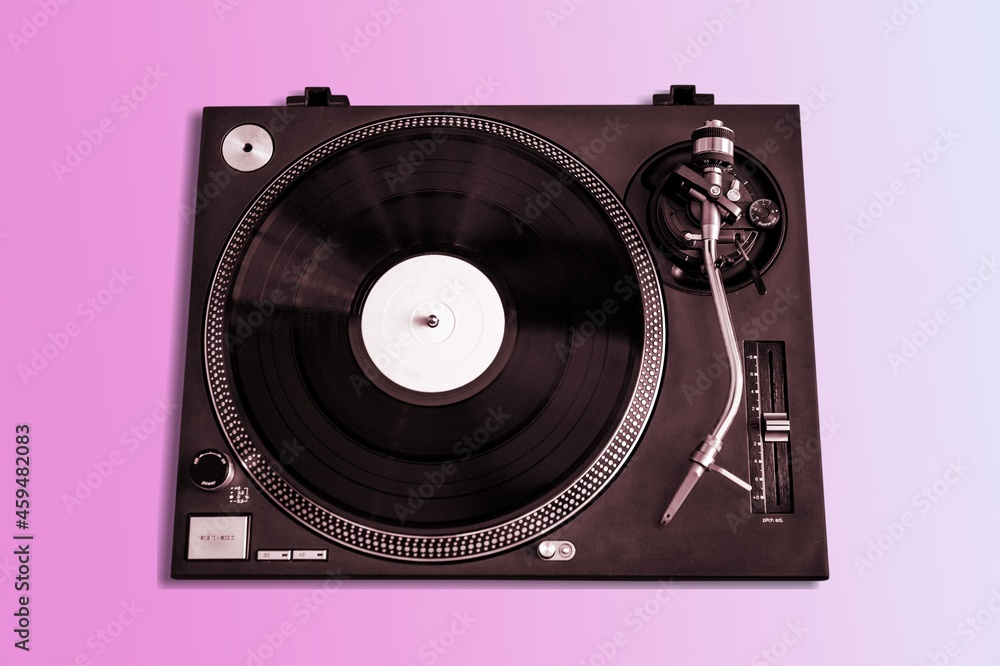 Obraz premium Gramophone record player. Turntable for single vinyl on color background.