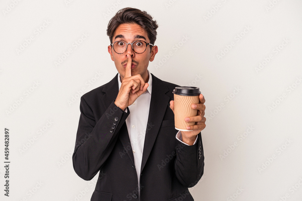 Young mixed race business man holding take away coffee  isolated on white background keeping a secret or asking for silence.