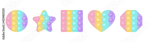 Set of 5 forms pop it a fashionable silicon toys for fidgets. Addictive anti-stress toy in pastel colors. Bubble sensory developing popit for kids. Vector illustration isolated on a white background.