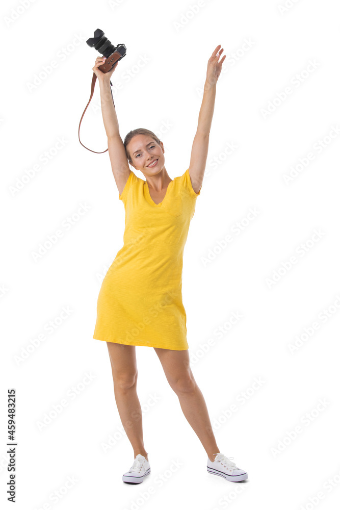 Woman photographer with arms raised Woman photographer with arms raised