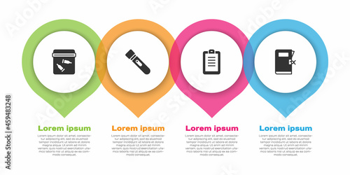 Set Evidence bag with bullet, Flashlight, Police report and station folder. Business infographic template. Vector