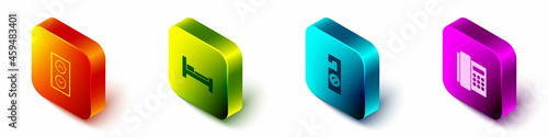 Set Isometric Lift, Hotel room bed, Please do not disturb and Telephone handset icon. Vector