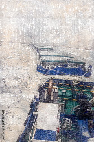 Coaster Shipping. Tugboats pulling loaded barges down the fairway of the frozen river. The wide river is covered with ice. View from the pilot bridge of the tug leader. Digital watercolor painting.