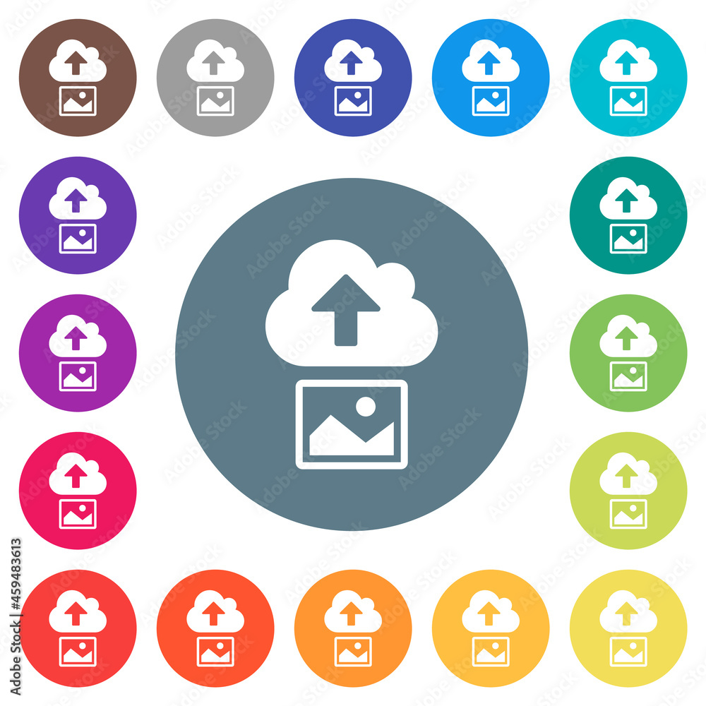 Upload image to cloud solid flat white icons on round color backgrounds Upload image to cloud solid flat white icons on round color backgrounds
