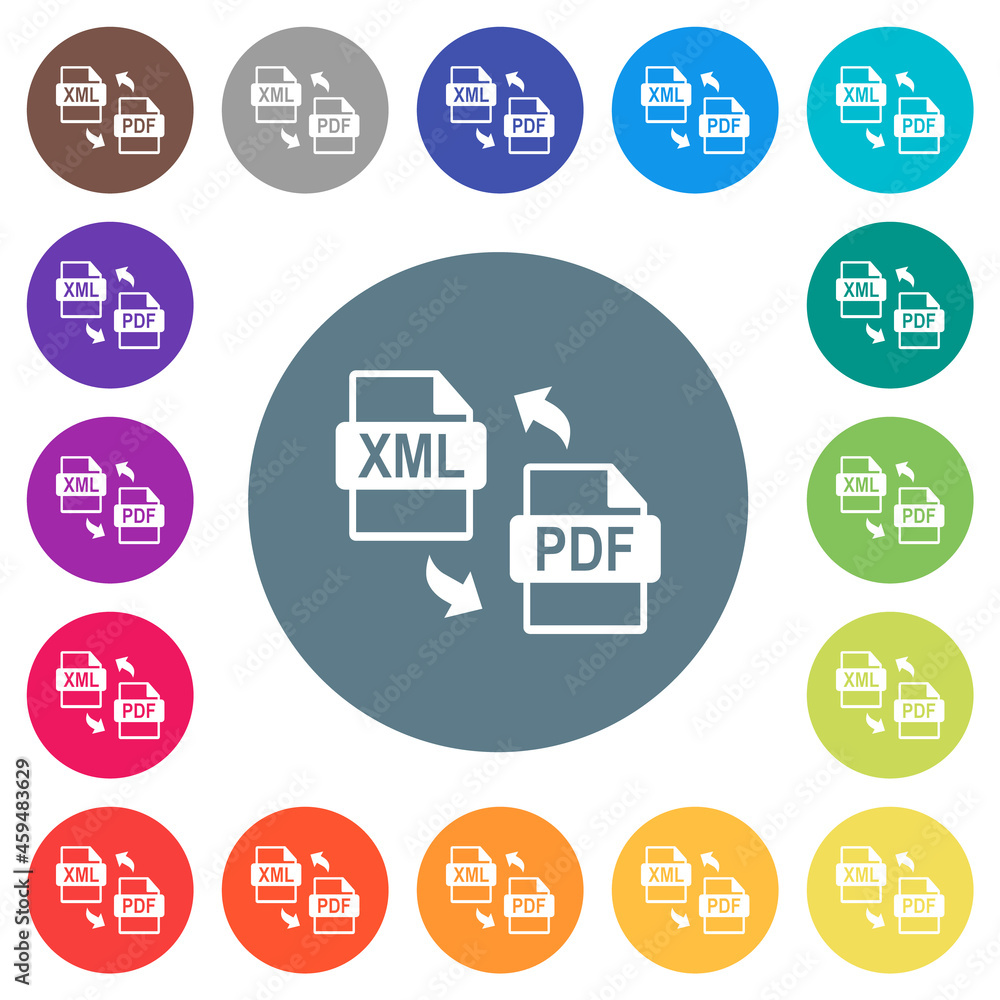 XML PDF file conversion flat white icons on round color backgrounds XML PDF file conversion flat white icons on round color backgrounds