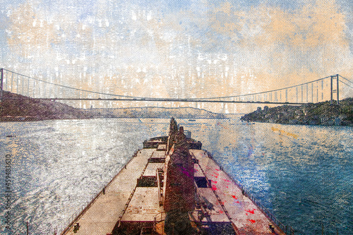 Canvas Print The deck of a bulk carrier in front of the Bridge over the Bosphorus Strait