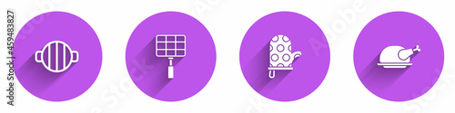 Set Barbecue grill, steel grid, Oven glove and Roasted turkey or chicken icon with long shadow. Vector