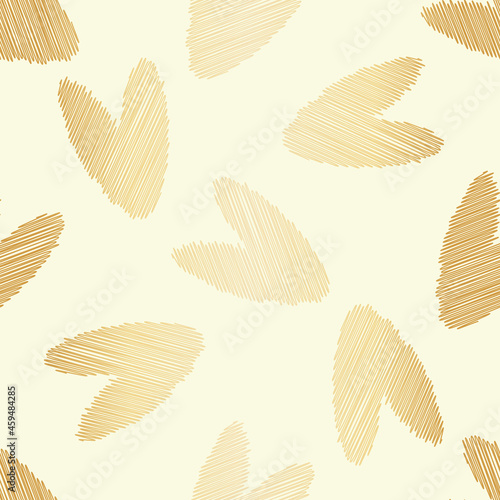 Scribbled vector gold foil heart seamless pattern background. Backdrop with delicate pencil effect scattered golden hearts metallic gradient style. Repeat for celebration party concept, wedding