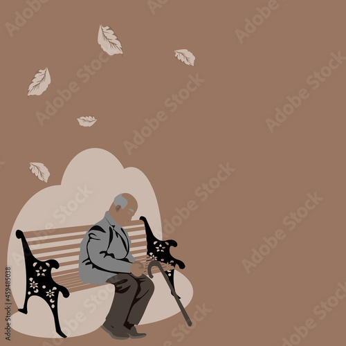 Front side of lonely old man is sitting on brown bench with the distant dry autumn leaves behind in outdoor on brown background.Vector flat design concept for entry,lonely,forlorn,desolate, lonesome