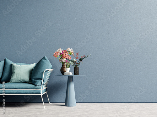 Stylish Modern wooden living room has an sofa on empty dark blue wall background.