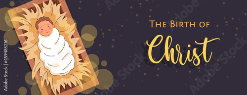 Christmas scene of baby Jesus in the manger with surrounded by star lights. Christian Nativity with text The Birth of Christ, vector illustration banner. Birth of Jesus in Bethlehem in cartoon style.