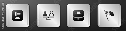 Set Judge gavel, Gender equality, Vote box and Peace icon. Silver square button. Vector