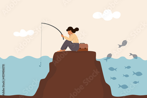Fail to see opportunity, uninspired employee stuck to find creativity, motivation, corporate success or challenge, bored woman blindly sit and fishing at wrong place while ignore success opportunity.