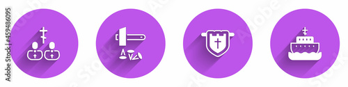 Set Priest, Crucifixion of Jesus Christ, Flag with christian cross and Ark noah icon with long shadow. Vector