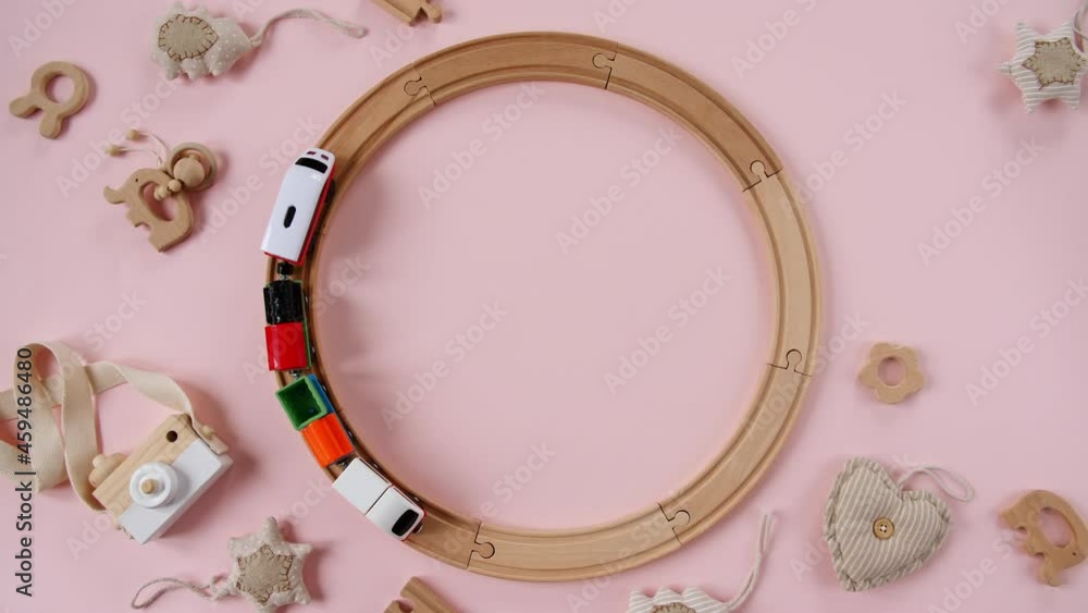 Childish Toy Wooden Railway. Child's Train Rides on the Railway. Nursery Playroom. Top View. Copy Space. High quality 4k footage Childish Toy Wooden Railway. Child's Train Rides on the Railway. Nursery Playroom. Top View. Copy Space. High quality 4k footage