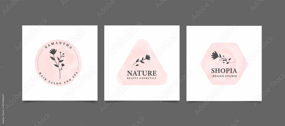 Feminine logos collection, hand drawn modern minimalistic and watercolor badge templates for branding, identity, boutique, salon.