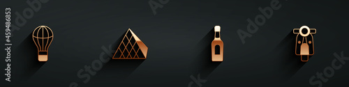 Set Hot air balloon, Louvre glass pyramid, Champagne bottle and Scooter icon with long shadow. Vector