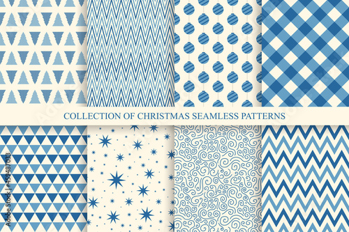 Collection of christmas seamless patterns. Blue holiday backgrounds - vintage design. Trendy celebration prints. Can be used as wrapping paper, covers, wallpaper and etc