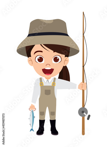 Cute kid fisherwoman character standing with fishing rod