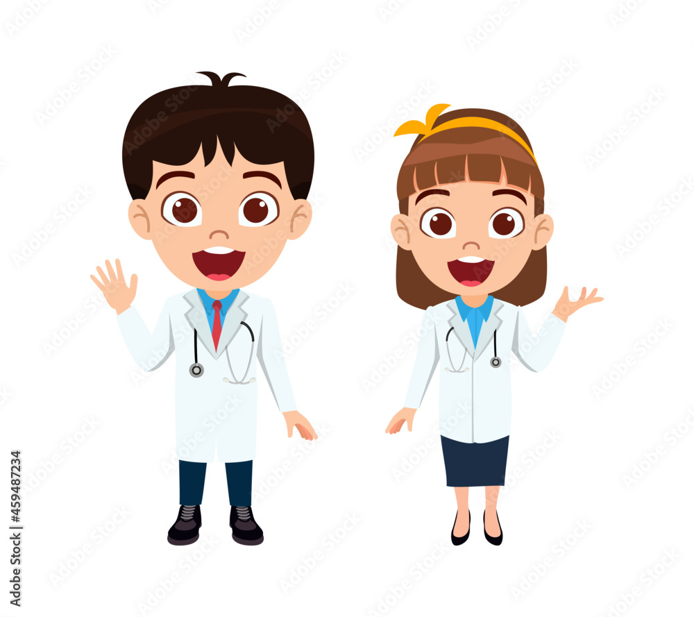 Happy cute kid doctor boy and girl character standing and waving Happy cute kid doctor boy and girl character standing and waving