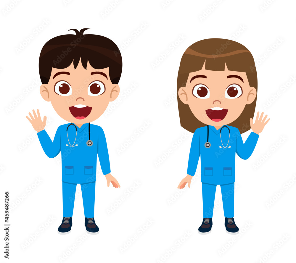 Happy cute kid nurse  boy and girl character standing and waving