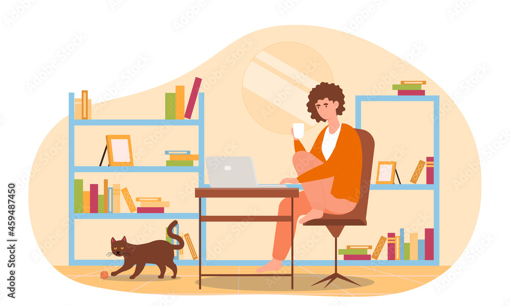 Remote work concept. Woman sits at home at laptop with cup of coffee and performs orders of boss. Freelancer with flexible schedule. Cartoon flat vector illustration isolated on white background Remote work concept. Woman sits at home at laptop with cup of coffee and performs orders of boss. Freelancer with flexible schedule. Cartoon flat vector illustration isolated on white background