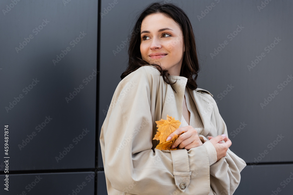 stylish woman with yellow leaves smiling while looking away near grey wall stylish woman with yellow leaves smiling while looking away near grey wall