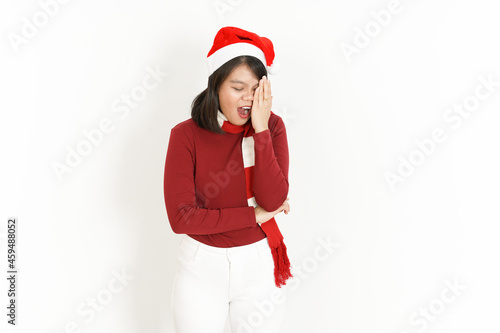 Got Headache of Beautiful Asian Woman Wearing Red Turtleneck and Santa Hat Isolated On White Background