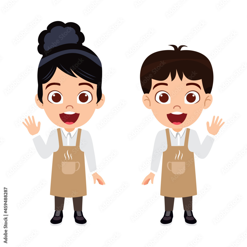 Happy cute kid coffee maker boy and girl character standing and waving Happy cute kid coffee maker boy and girl character standing and waving