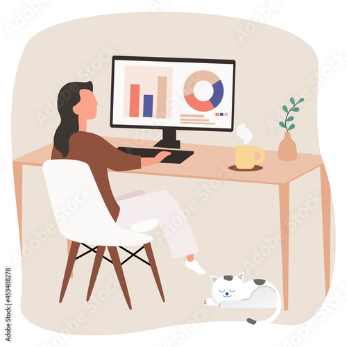woman with laptop.The lady typing on computer.work from home.freelance .vector design.